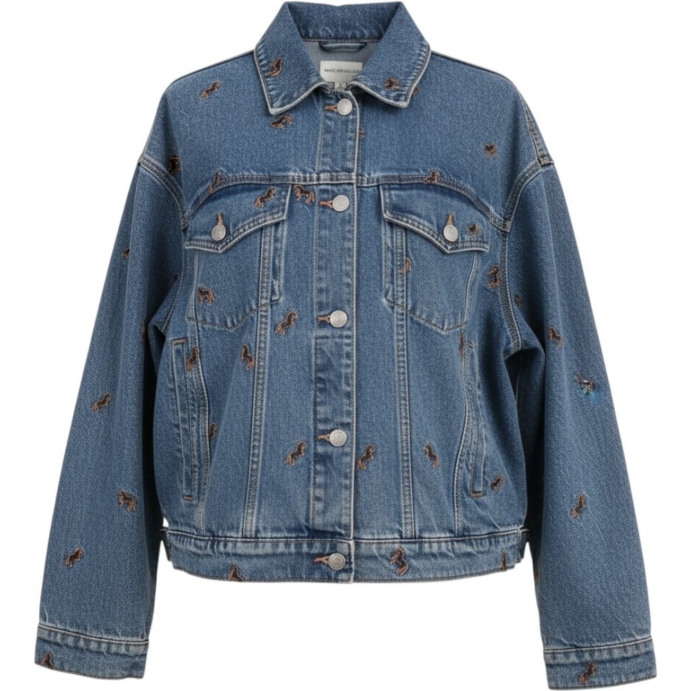 Avec Les Filles Button Denim Jacket Womens S Blue New Horse Embroidered Western
